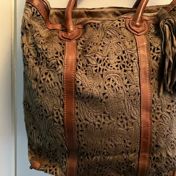 Brown Laser Cut Calf Hair Floral Patterned Tote Bag with Leather Handles - Picture 2 of 6